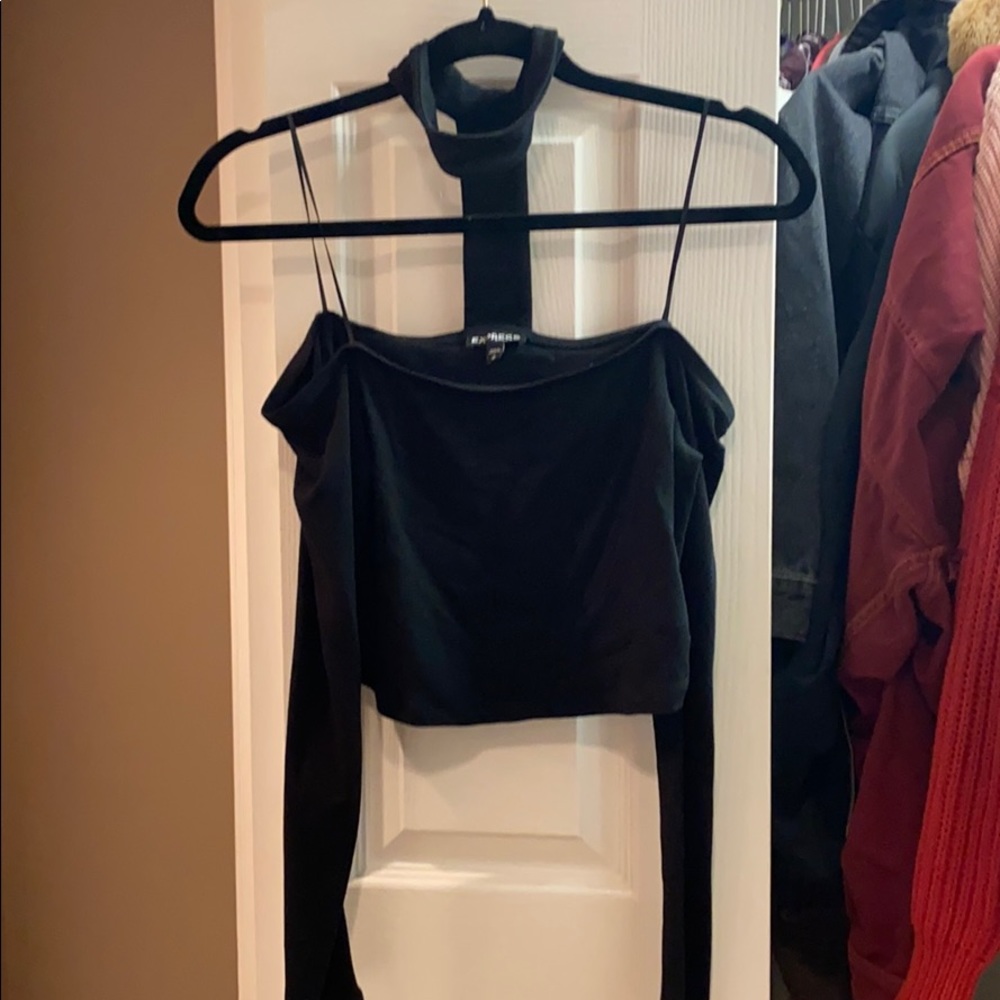 long sleeve off the shoulder choker crop top